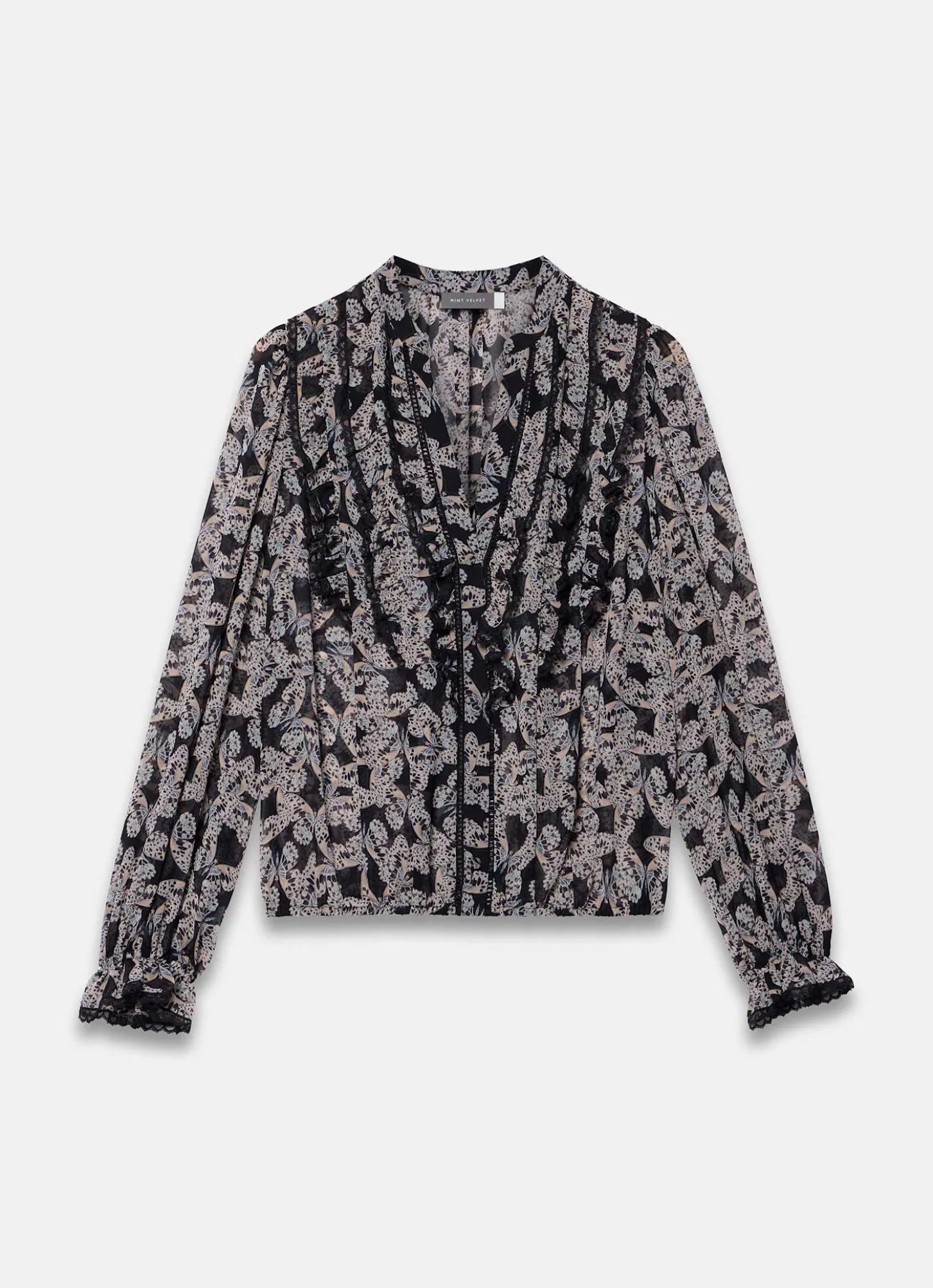 Black Butterfly Print Ruffle Blouse