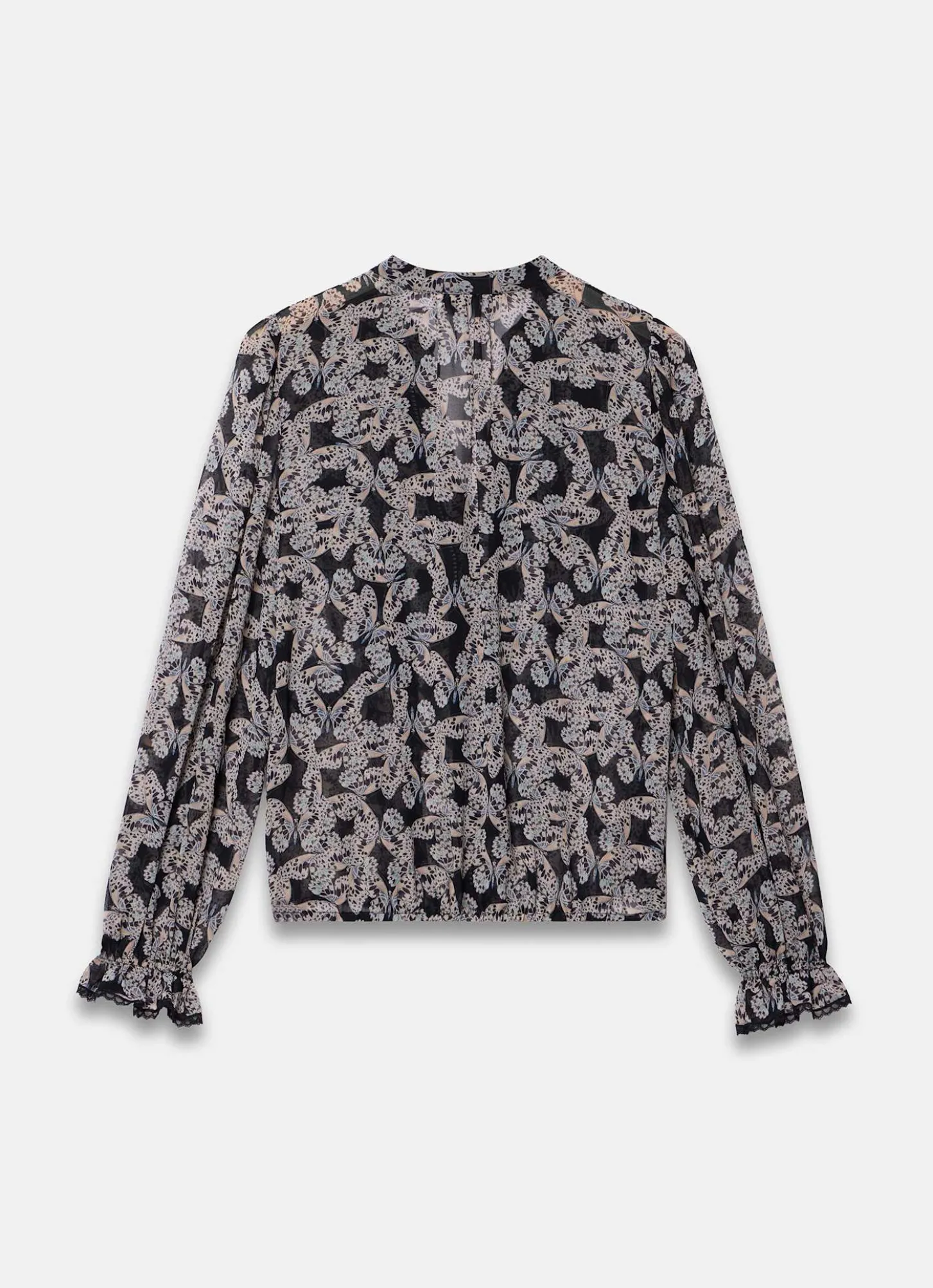 Black Butterfly Print Ruffle Blouse