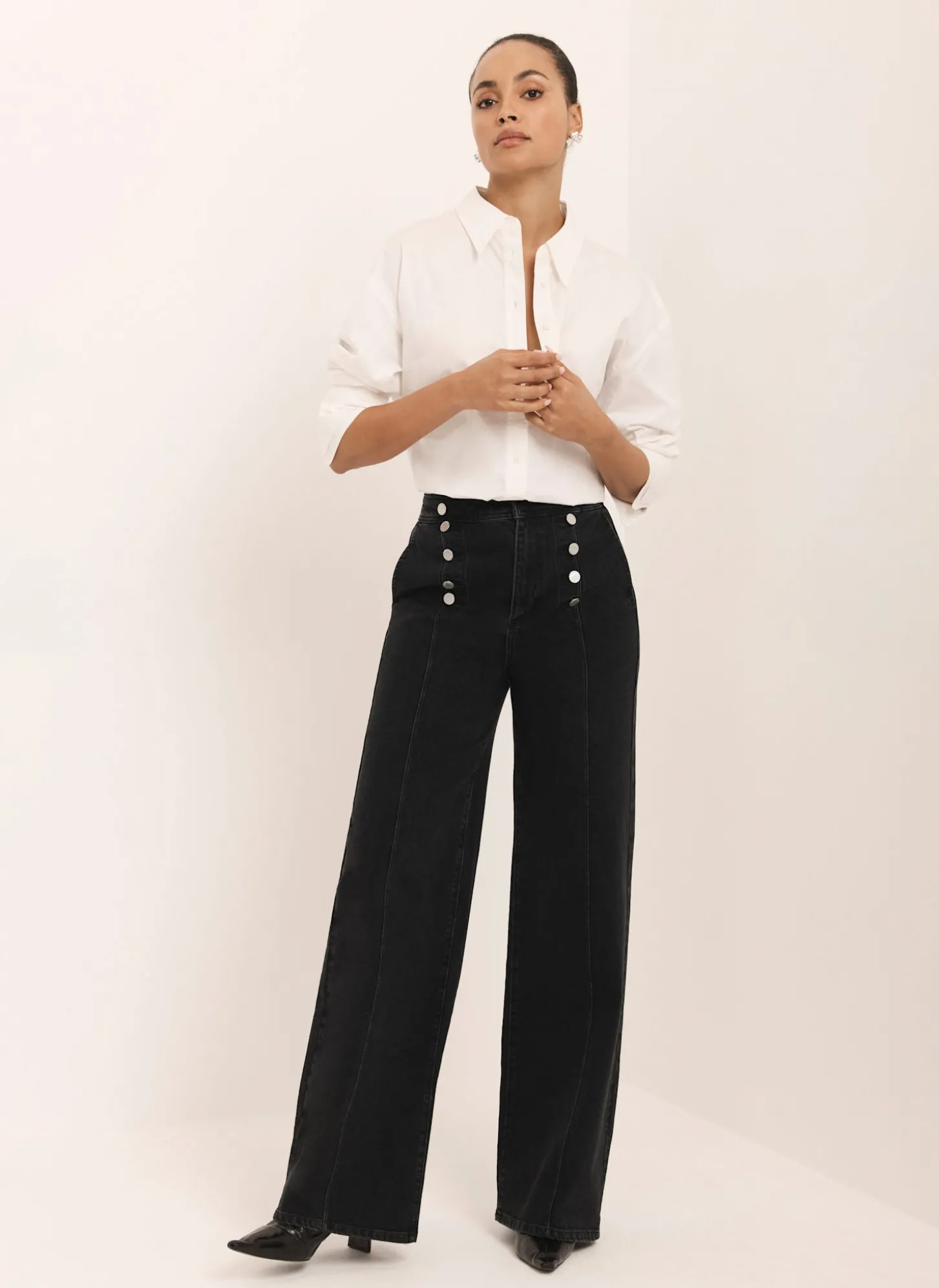 Black Button Detail Wide Jeans