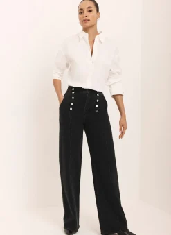 Black Button Detail Wide Jeans