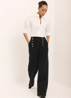 Black Button Detail Wide Jeans