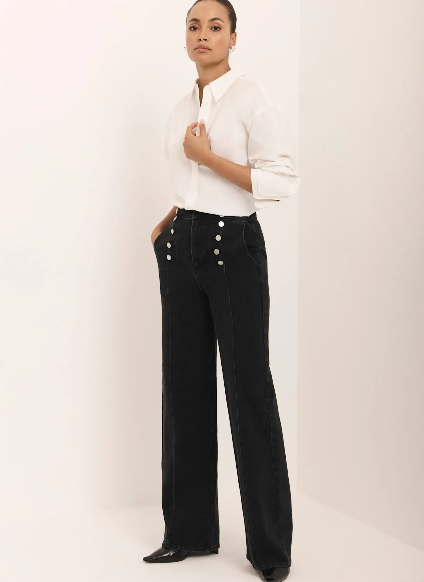 Black Button Detail Wide Jeans