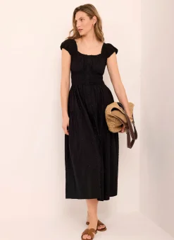 Black Cotton Blend Textured Midi Dress