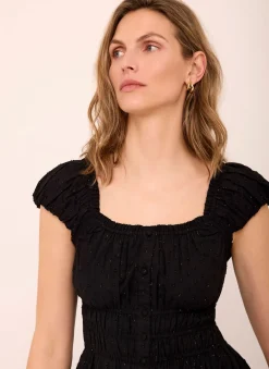 Black Cotton Blend Textured Midi Dress