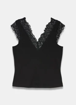 Black Cotton Lace Detail Top