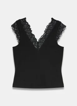Black Cotton Lace Detail Top
