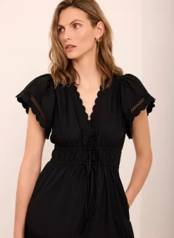 Black Cotton Ruffle Midi Dress