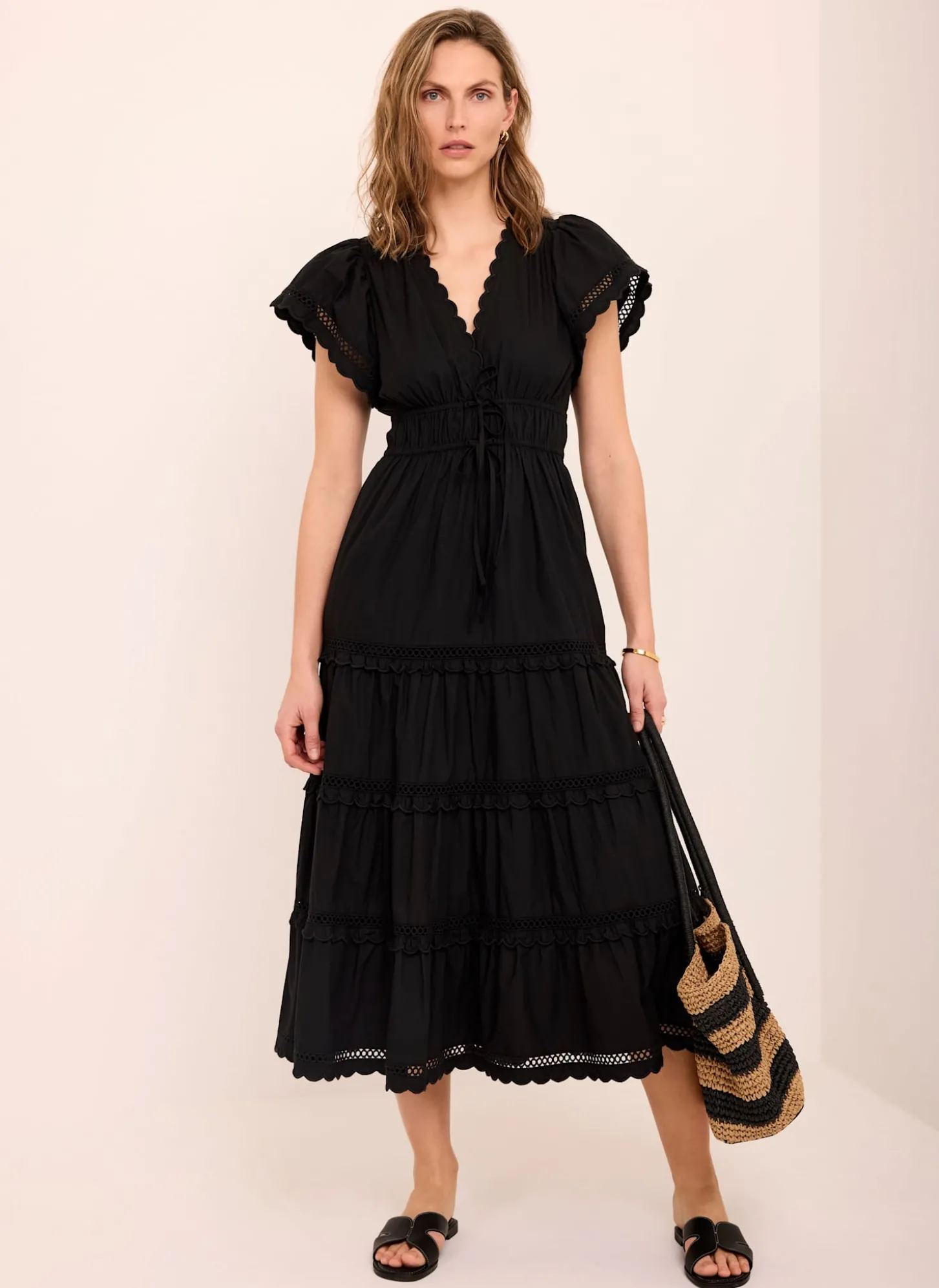 Black Cotton Ruffle Midi Dress