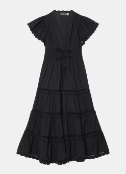 Black Cotton Ruffle Midi Dress