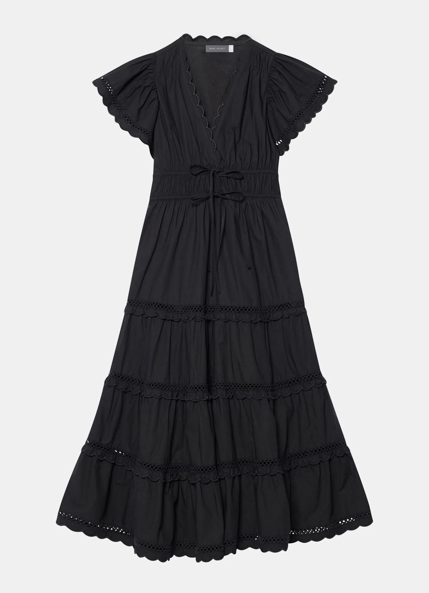 Black Cotton Ruffle Midi Dress