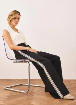 Black Crochet Side Stripe Wide Trousers