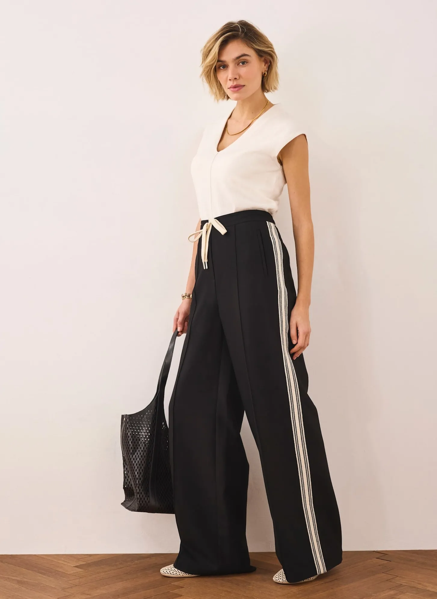 Black Crochet Side Stripe Wide Trousers