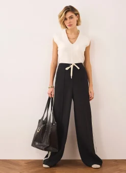 Black Crochet Side Stripe Wide Trousers