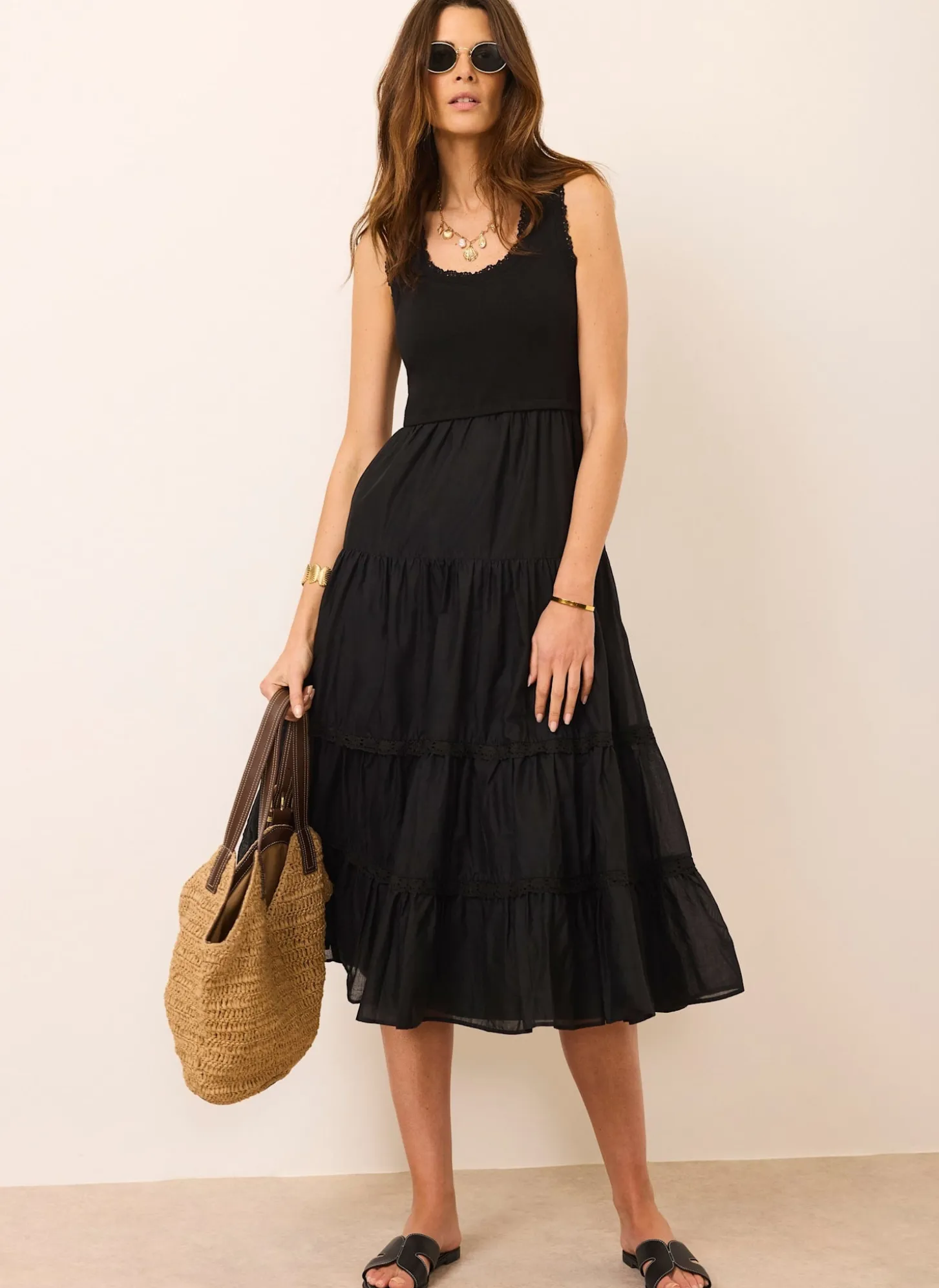 Black Crochet Trim Tiered Midi Dress