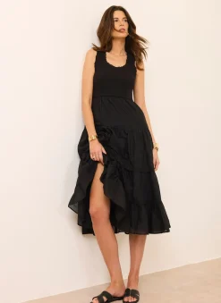 Black Crochet Trim Tiered Midi Dress