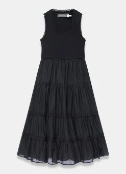Black Crochet Trim Tiered Midi Dress