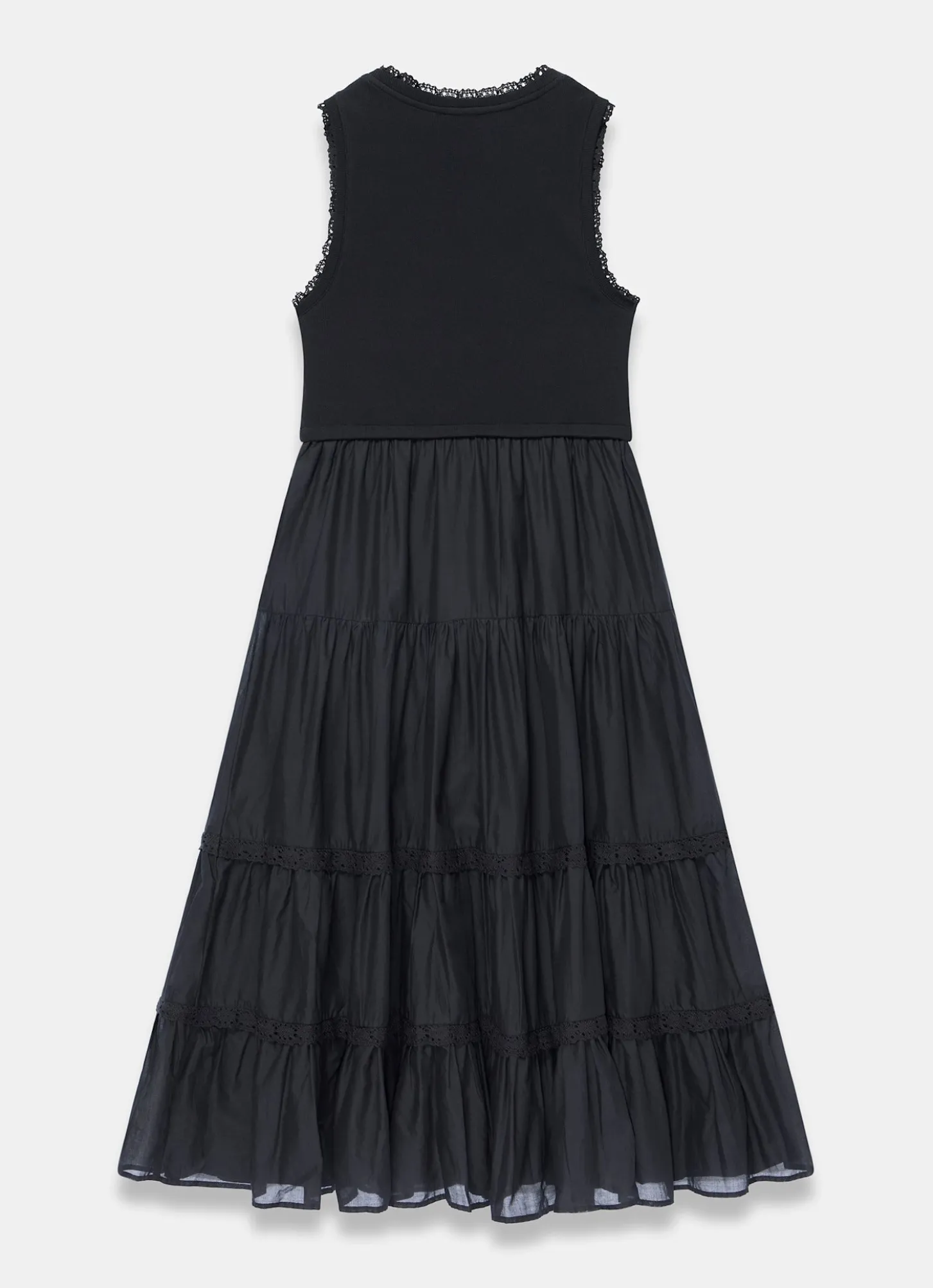 Black Crochet Trim Tiered Midi Dress