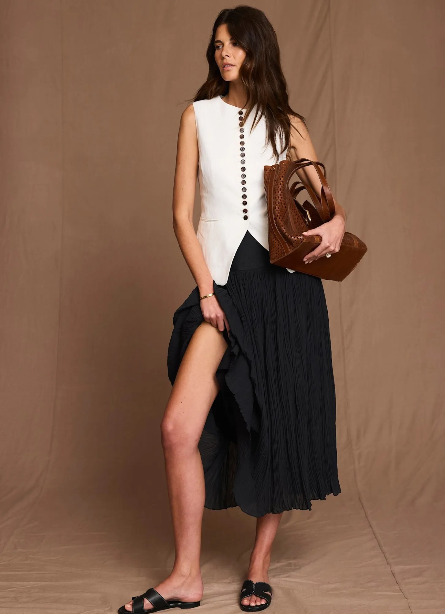 Black Drop Waist Crinkle Midi Skirt