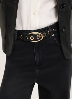 Black Leather Gold Eyelet Belt