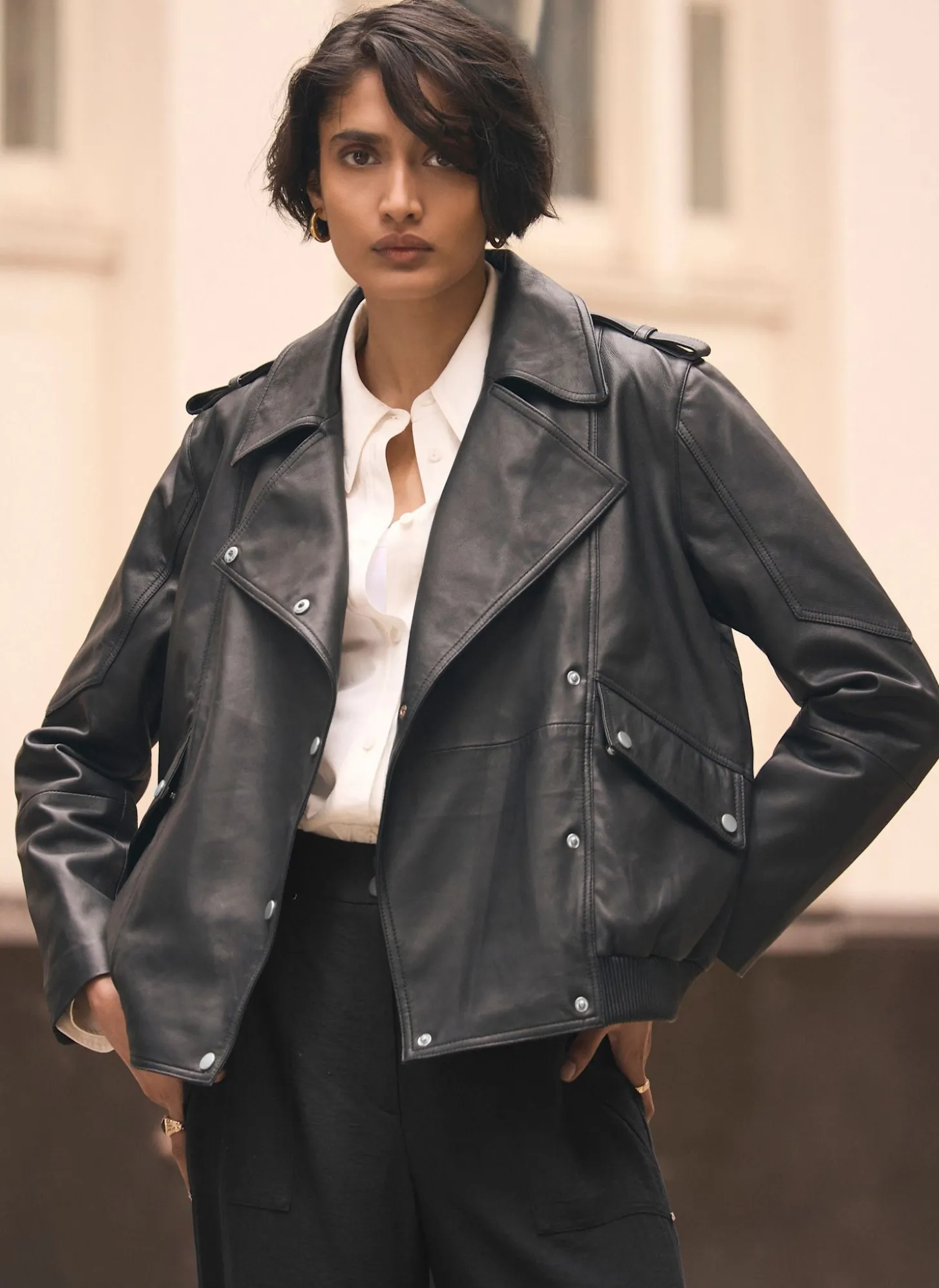 Black Leather Relaxed Biker Jacket