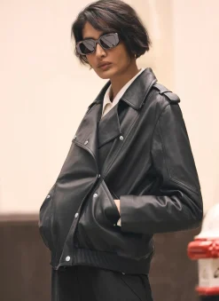 Black Leather Relaxed Biker Jacket