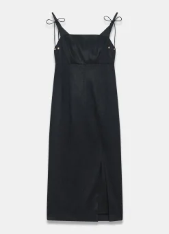 Black Linen Bow Detail Midi Dress