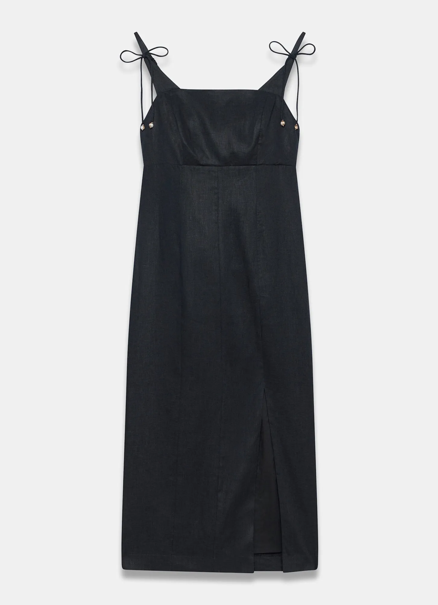 Black Linen Bow Detail Midi Dress