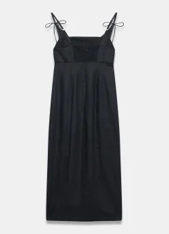 Black Linen Bow Detail Midi Dress
