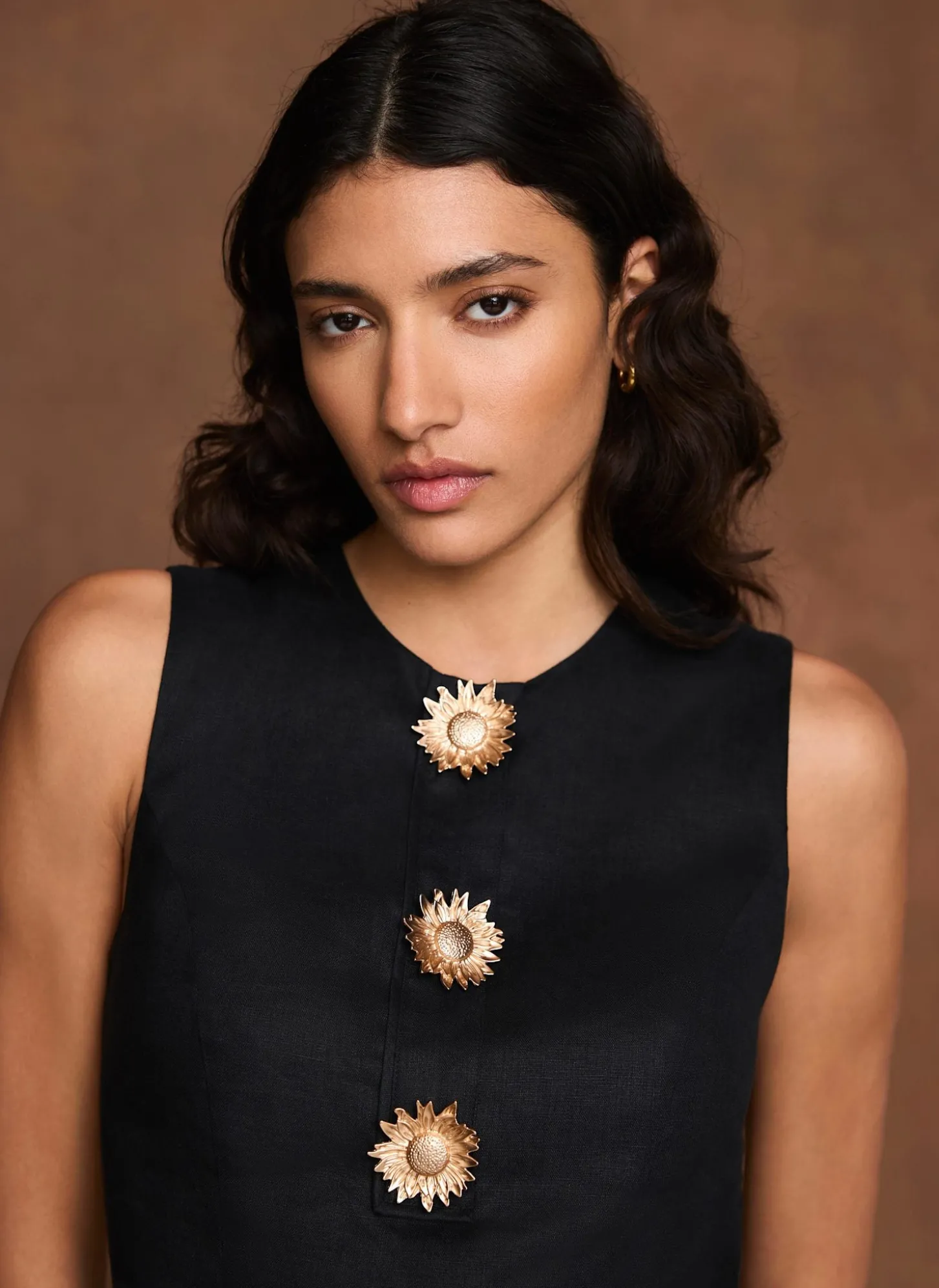 Black Linen Sunray Button Mini Dress