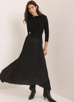 Black Pleated Asymmetric Midi Dress