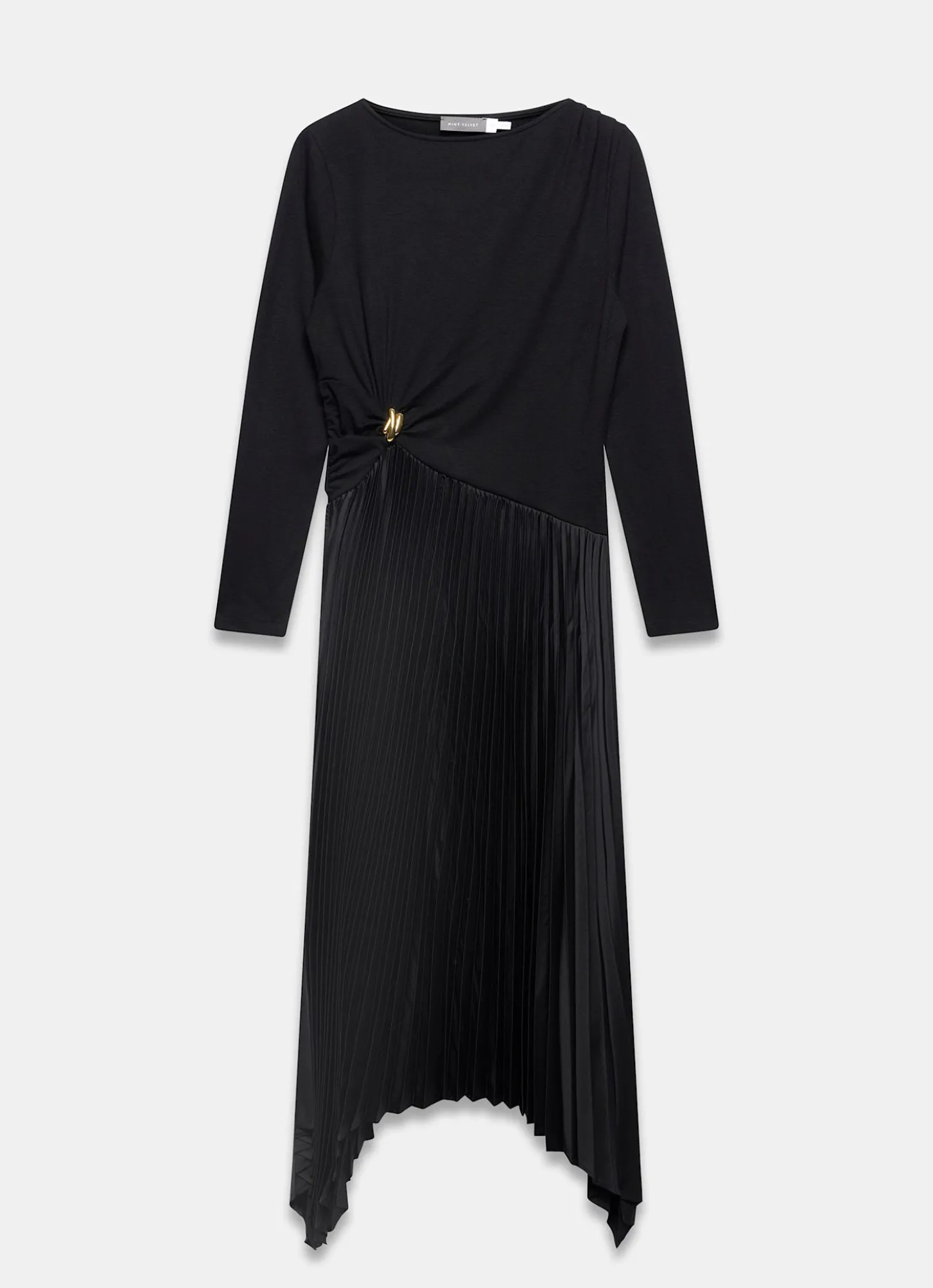 Black Pleated Asymmetric Midi Dress