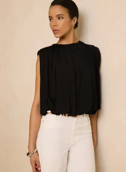 Black Pleated Bubble Hem Top