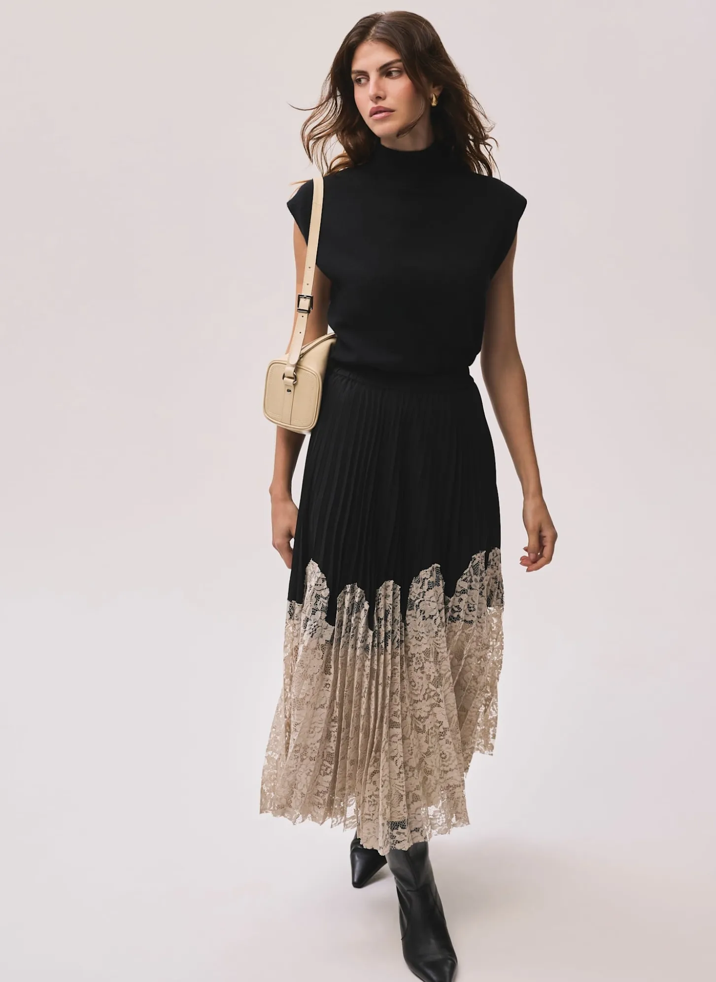 Black Pleated Lace Hem Midi Skirt