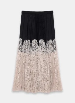 Black Pleated Lace Hem Midi Skirt