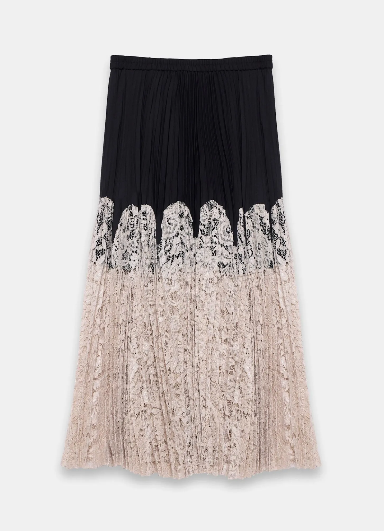 Black Pleated Lace Hem Midi Skirt
