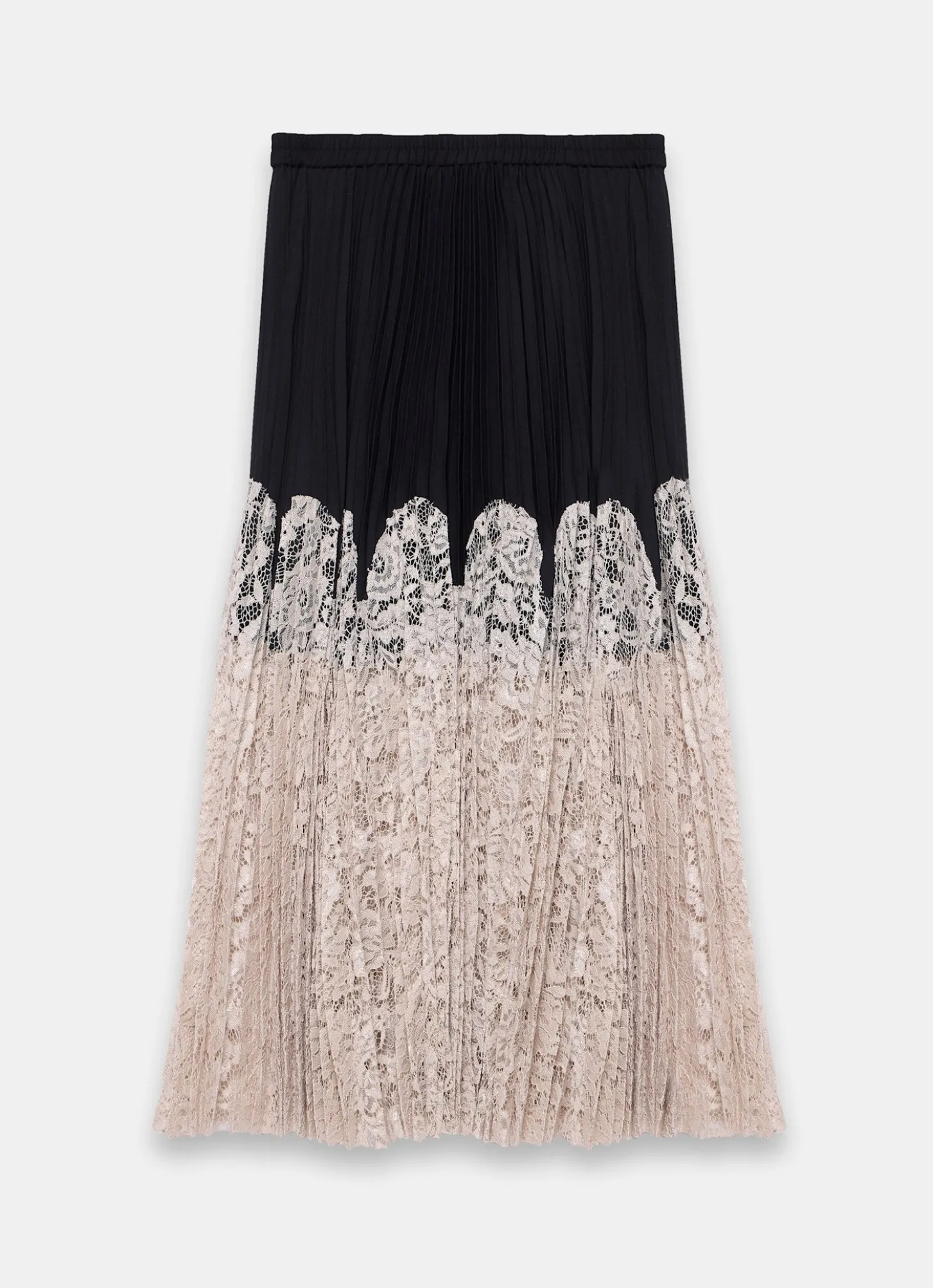 Black Pleated Lace Hem Midi Skirt