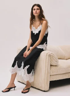 Black Satin Lace Midi Skirt