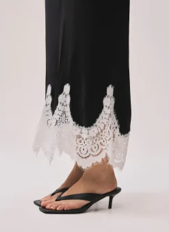 Black Satin Lace Midi Skirt