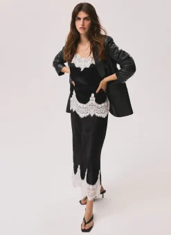 Black Satin Lace Midi Skirt