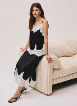 Black Satin Lace Midi Skirt