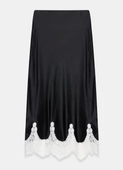 Black Satin Lace Midi Skirt