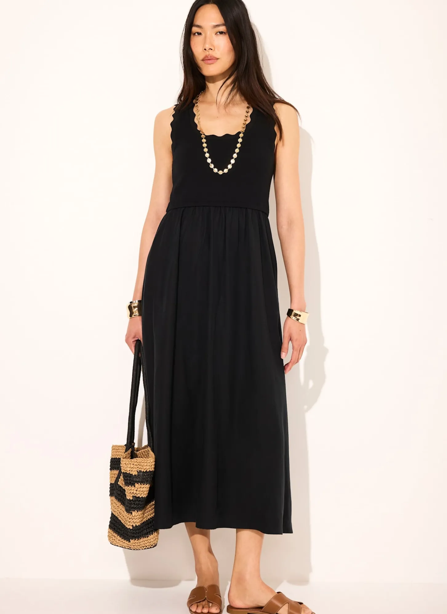 Black Scallop Trim Midi Dress