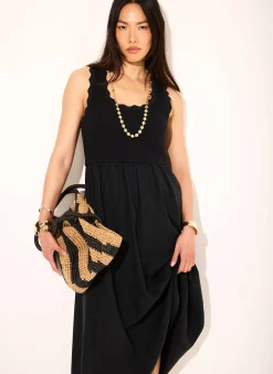 Black Scallop Trim Midi Dress