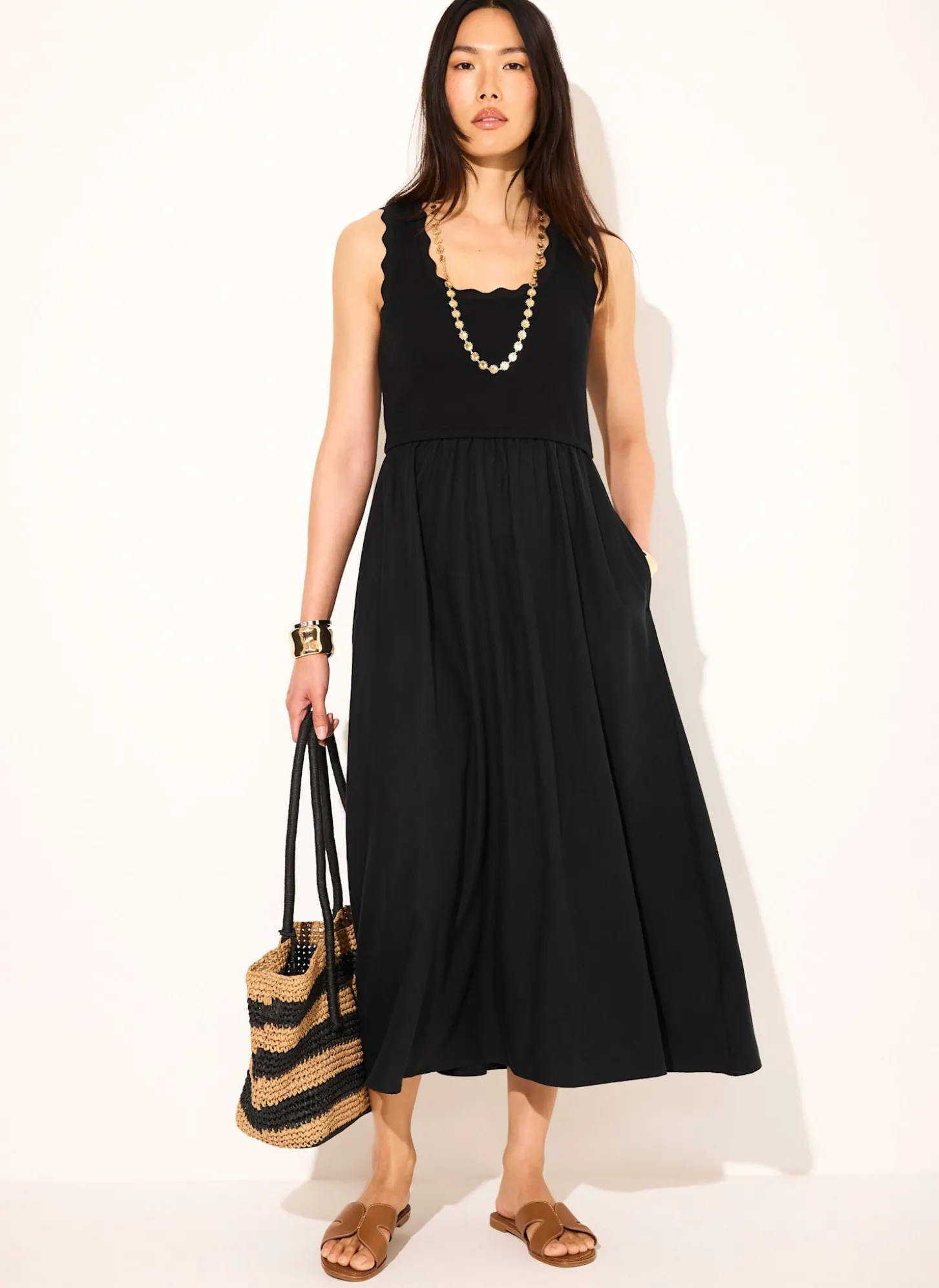 Black Scallop Trim Midi Dress