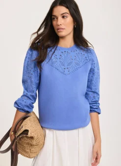 Blue Cotton Blend Broderie Sweatshirt