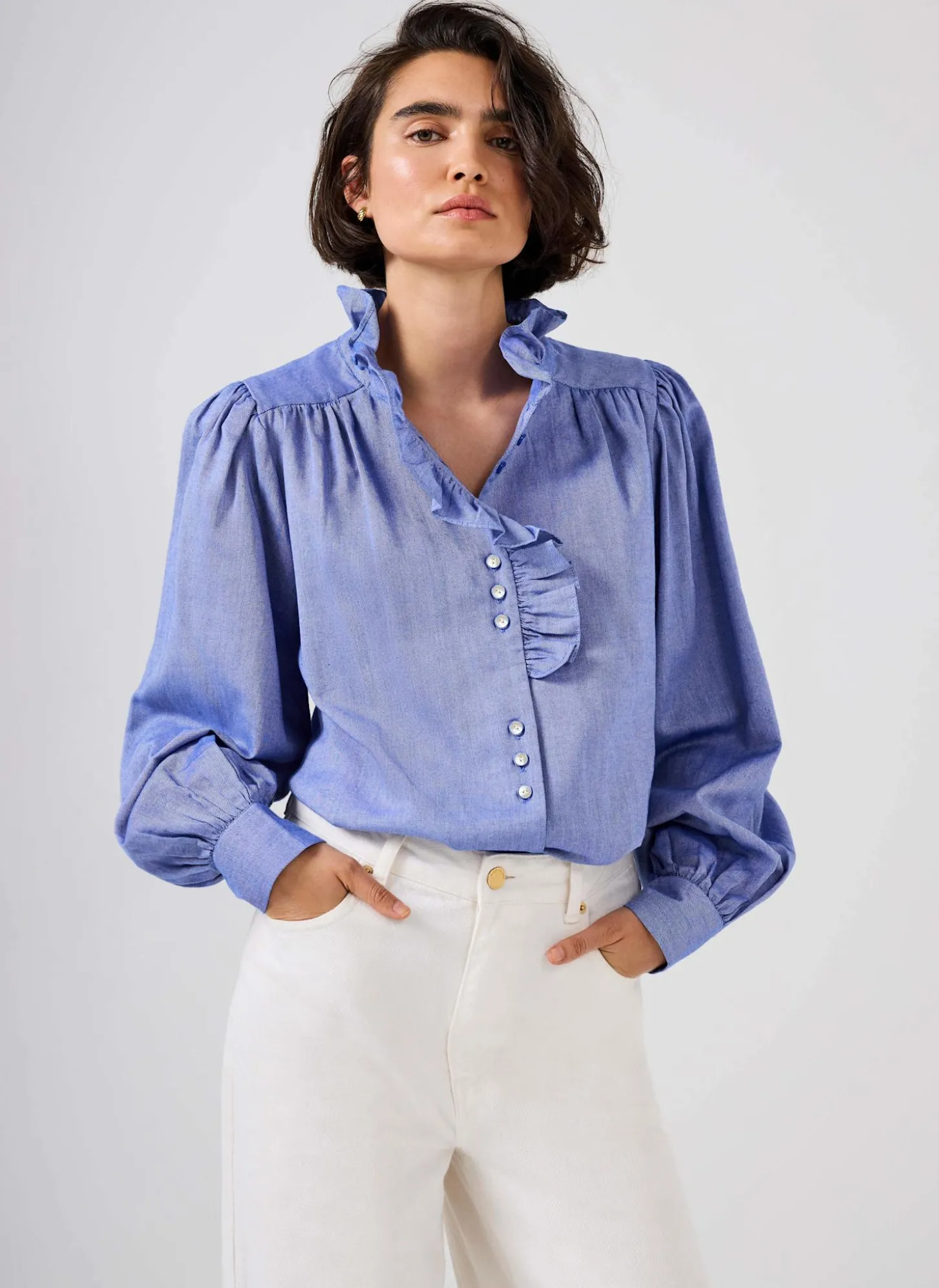 Blue Cotton Chambray Ruffle Blouse