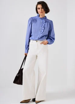 Blue Cotton Chambray Ruffle Blouse