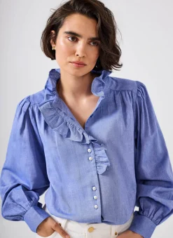 Blue Cotton Chambray Ruffle Blouse
