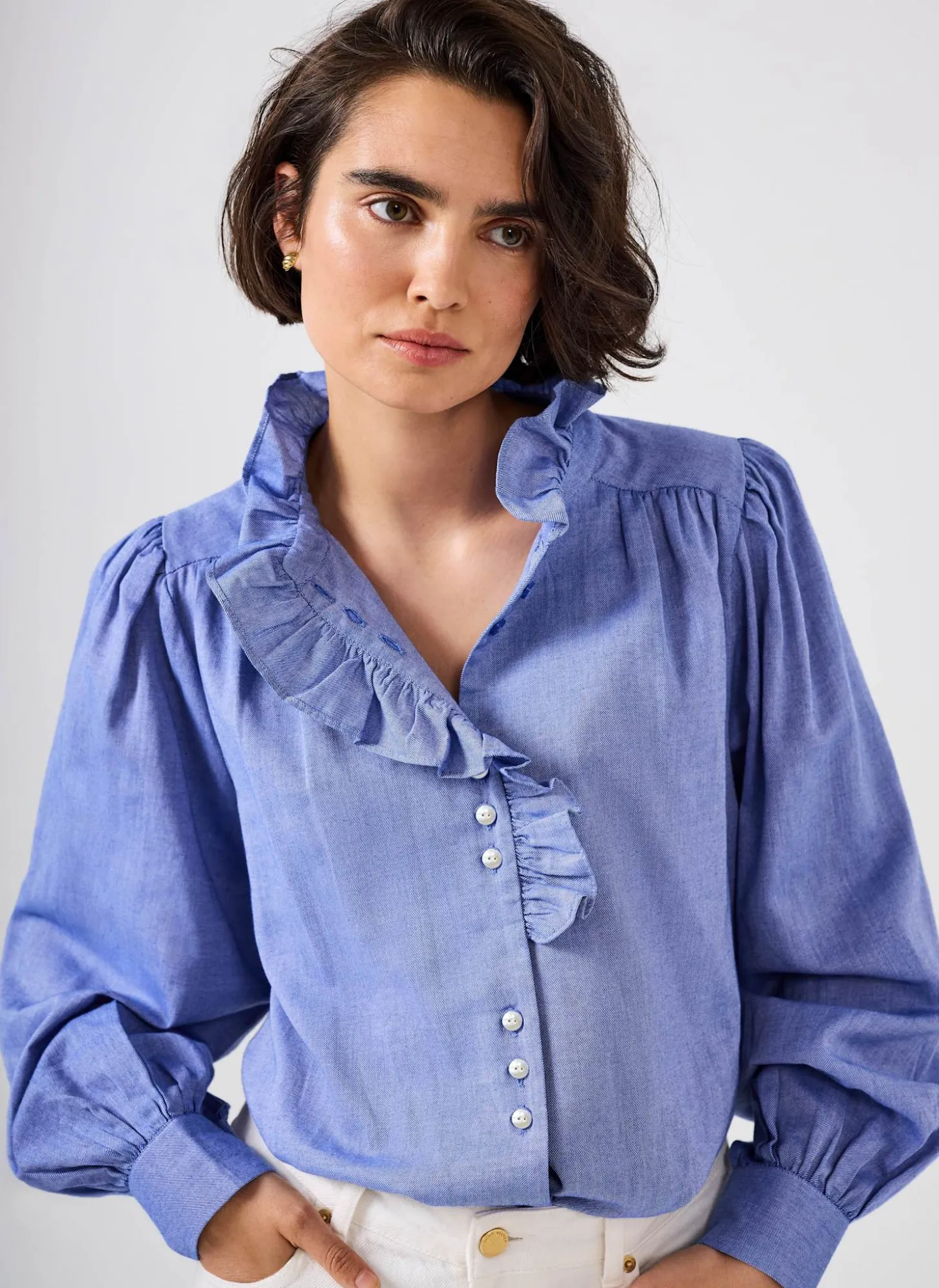 Blue Cotton Chambray Ruffle Blouse