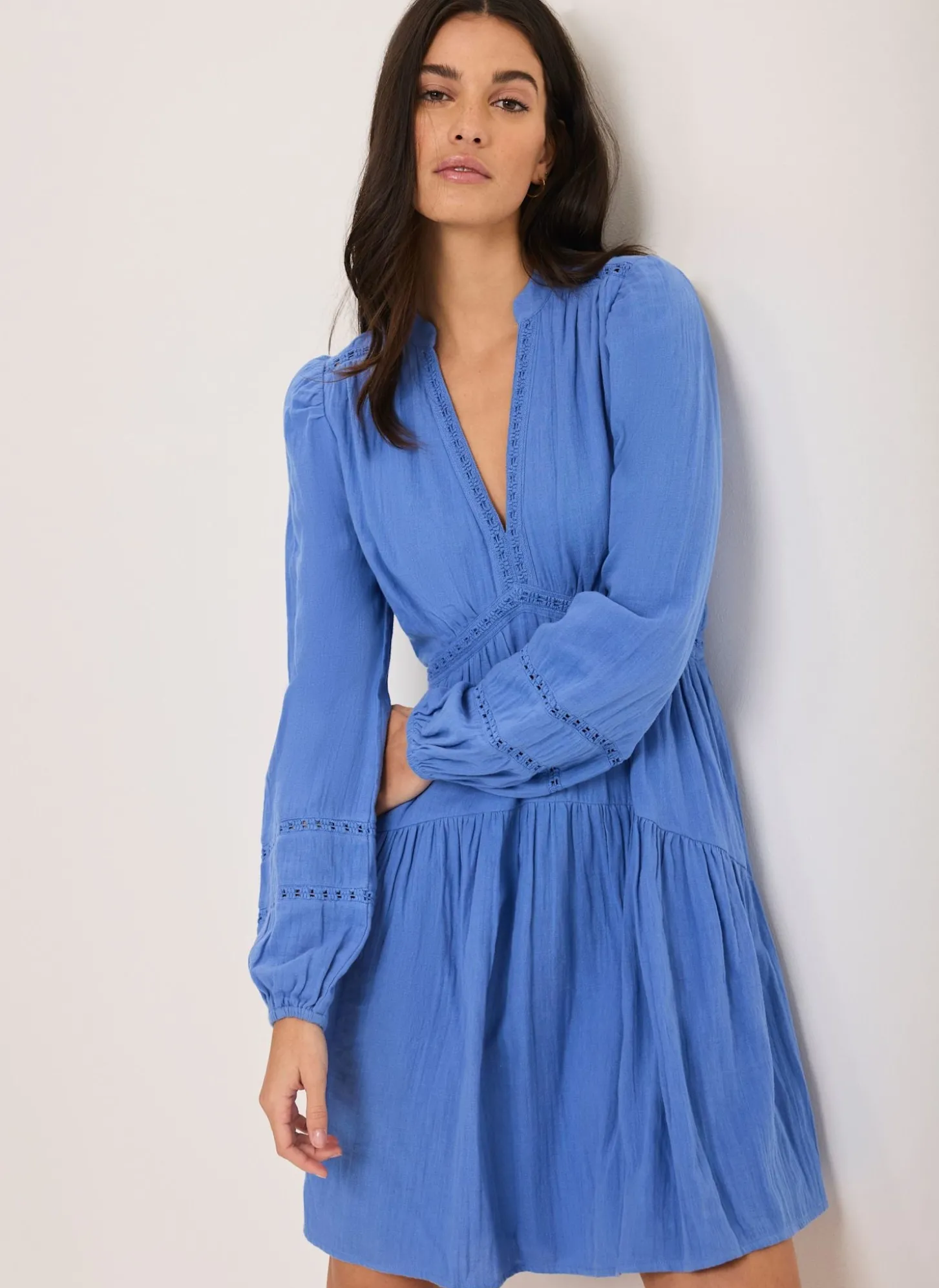 Blue Cotton Cheesecloth Mini Dress